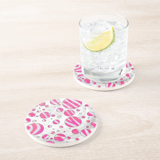 Hot Pink and White Zebra Polka Dots Sandstone Coaster (Side)