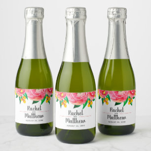Hot Pink and Yellow Floral Watercolor Mini Sparkling Wine Label