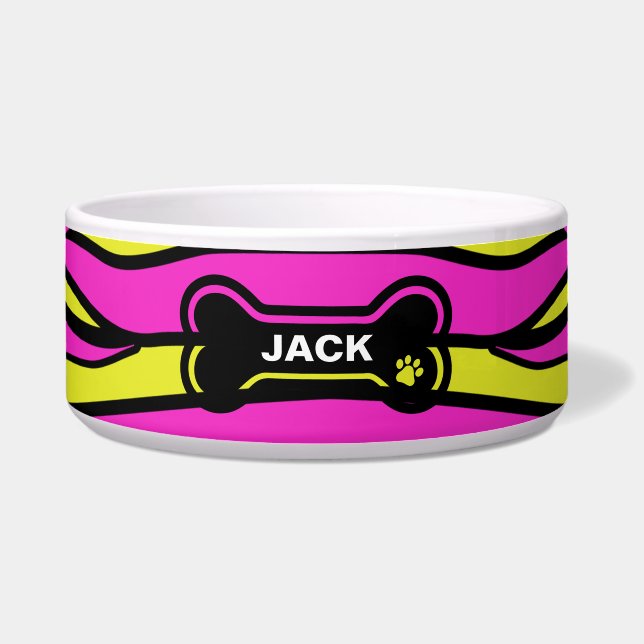 Hot Pink and Yellow Personalized Dog Bowl (Front)