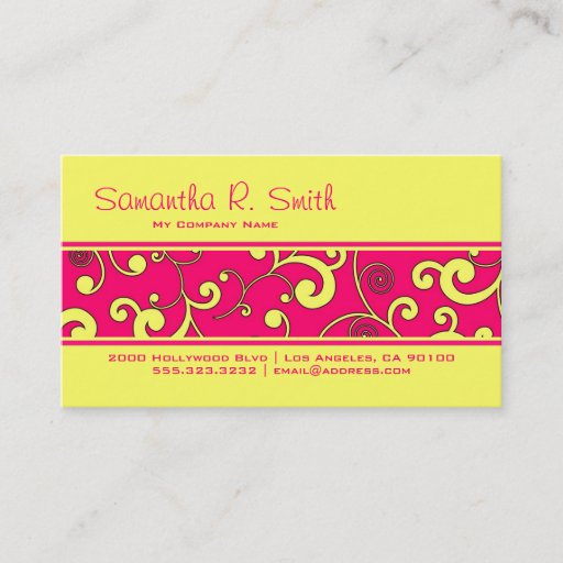 Customizable Hot Pink and Yellow Scroll Stripe Business Card