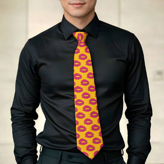 Hot Pink and Yellow XOXO Kissing Lips Neck Tie