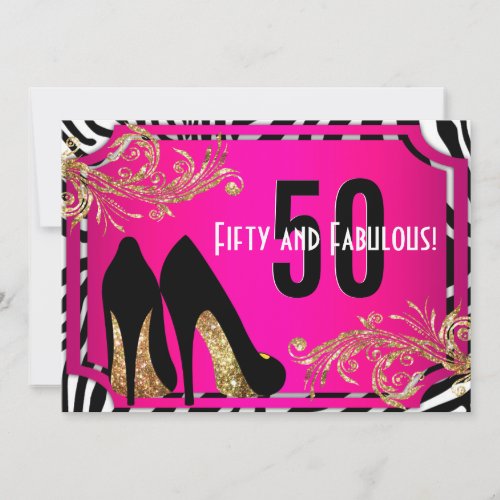 Hot Pink and Zebra 50th Birthday Party Invitation