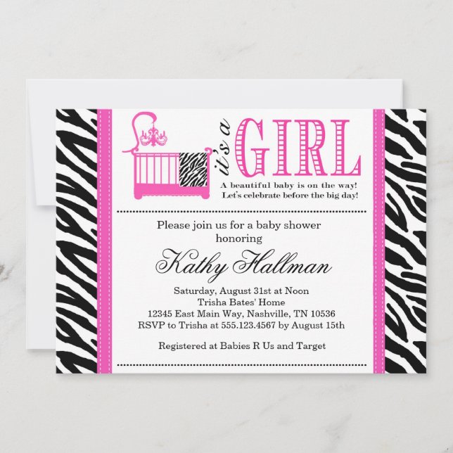 Hot Pink and Zebra Baby Shower invitation Custom (Front)