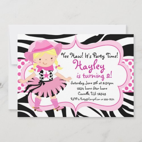 Hot Pink and Zebra Print Cowgirl Birthday Party Personalized Invites
