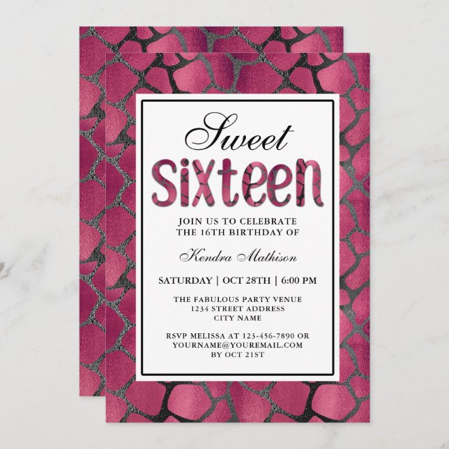 Hot Pink Animal Print Sweet Sixteen Birthday Party Invitation (Front/Back)