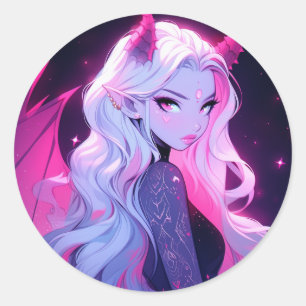 Hot Pink Anime Girl Succubus Koakuma Little Devil Classic Round Sticker