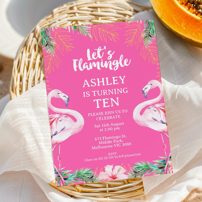 Hot Pink Any Age Flamingo Let's Flamingle Birthday Invitation (Pink Let's Flamingle Birthday Invitation Template, Pink Flamingo Birthday Invitation Printable)