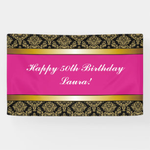 Hot Pink Any Age Gold Damask Birthday Banner