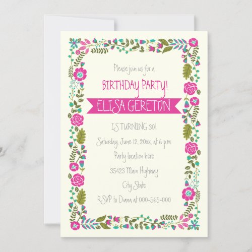 Hot pink  aqua floral border women birthday party invitation