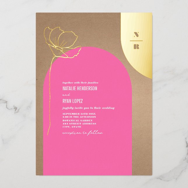 Hot Pink Arch Floral Monogram Foil Invitation (Front)