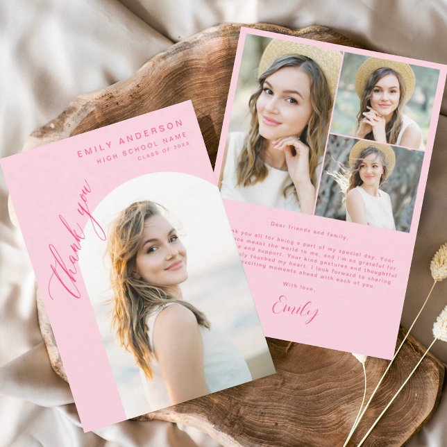 Hot Pink Arch Graduate Simple Photo Thank You Card (Creator Uploaded)