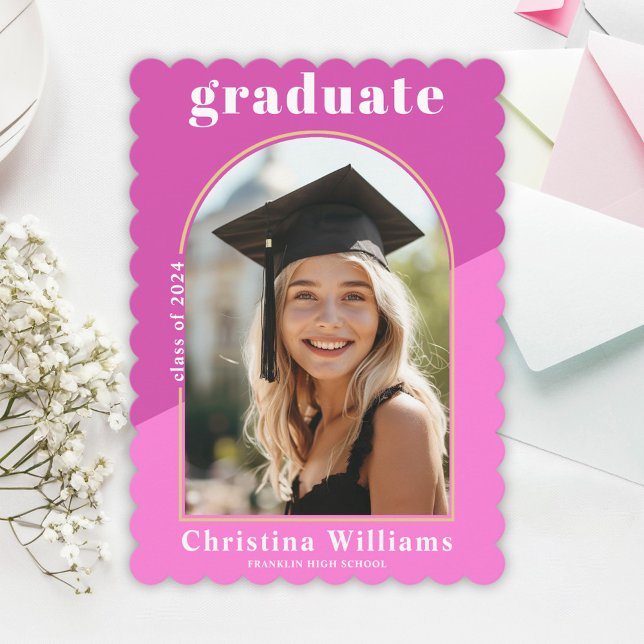 Hot Pink Arch Photo Stylish High School Graduation Announcement (Hot Pink Arch Photo Stylish High School Graduation Announcement)