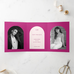 Hot Pink Arch Photo Wedding Save the Date Tri-Fold Announcement