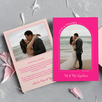 Hot Pink Arch Wedding Photo Love & Thanks Thank You Card by Paperpaperpaper at Zazzle