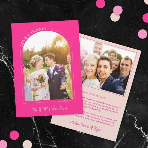 Hot Pink Arch Wedding Photo Love &amp; Thanks Thank You Card