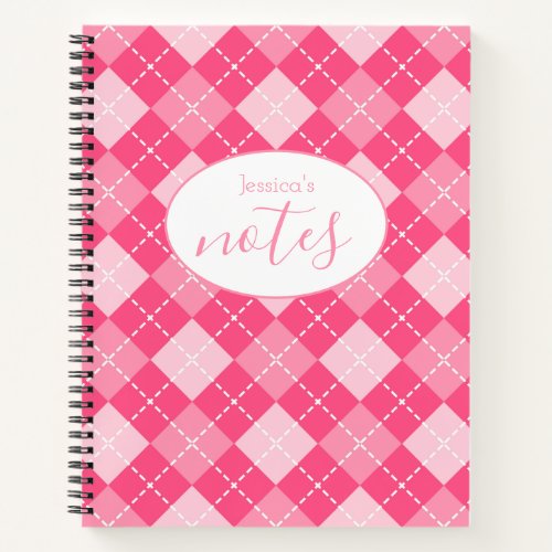 Hot Pink Argyle Plaid Preppy Custom Name Notebook