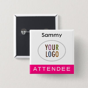 Hot Pink Attendee Name Badge Logo Square Pinback Button