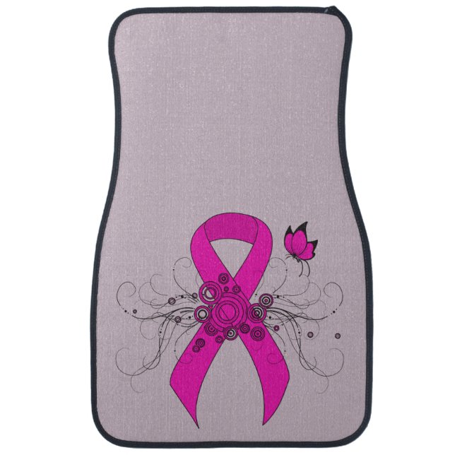 Hot Pink Awareness Ribbon with Butterfly Car Mat (Front)