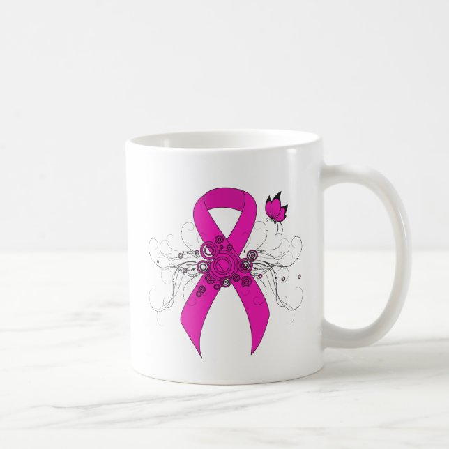 Hot Pink Awareness Ribbon with Butterfly Coffee Mug (Right)