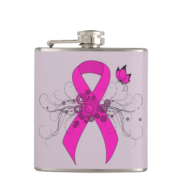 Hot Pink Awareness Ribbon with Butterfly Flask (Front)