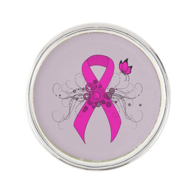 Hot Pink Awareness Ribbon with Butterfly Pin (Front)