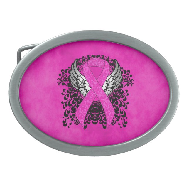 Hot Pink Awareness Ribbon with Wings Belt Buckle (Front)