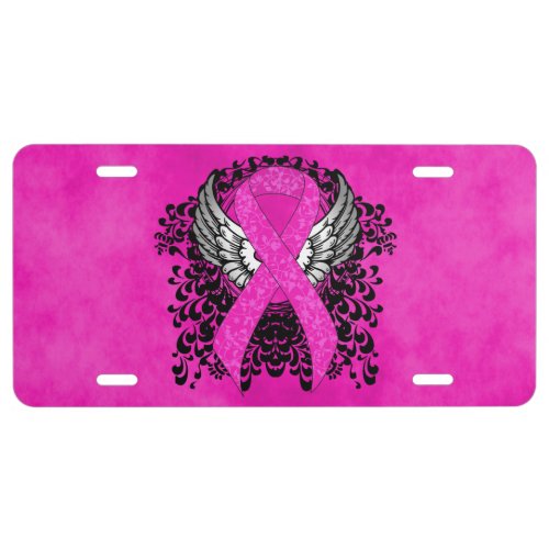 Hot Pink Awareness Ribbon with Wings License Plate