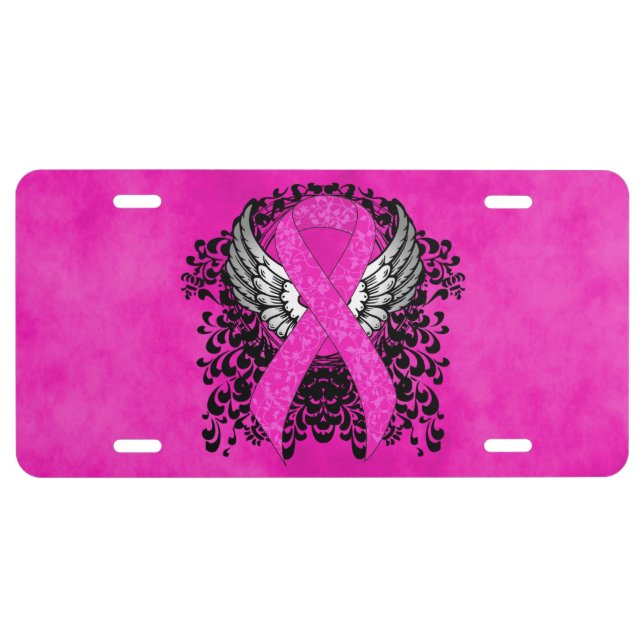 Hot Pink Awareness Ribbon with Wings License Plate (Front)