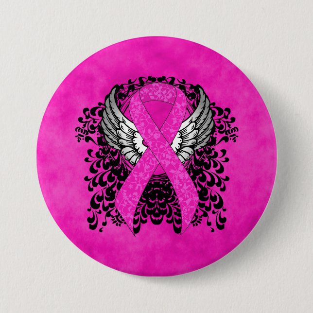 Hot Pink Awareness Ribbon with Wings Pinback Button (Front)