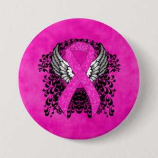 Hot Pink Awareness Ribbon with Wings Pinback Button