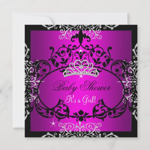Hot Pink Baby Shower Girl Princess Tiara Black Custom Announcement