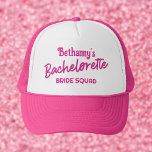 Hot Pink Bachelorette Personalized Trucker Hat<br><div class="desc">Dress the Bride Squad in matching Hot Pink Bachelorette trucker hats. Super cute for your days or nights out together celebrating your bestie. Personalized with the bride's name at the top and Bachelorette in a retro 90s script. The "Bride Squad" text can also be customized with "Team Bride" "Bride Tribe"...</div>