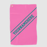[ Thumbnail: Hot Pink Background & Teal Bold Custom Name Golf Towel ]