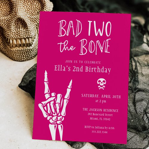Hot Pink Bad Two The Bone 2nd Birthday Party Invitation
