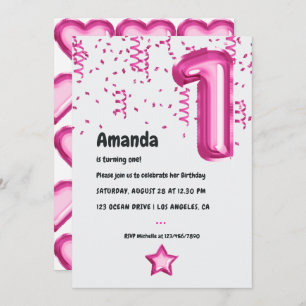Hot-Pink Balloon 1st Birthday Invitation