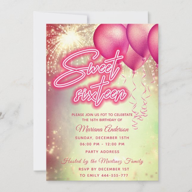 Hot pink balloon firework gold sparkle  invitation (Front)