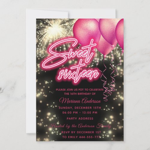 Hot pink balloon firework gold sparkle  invitation