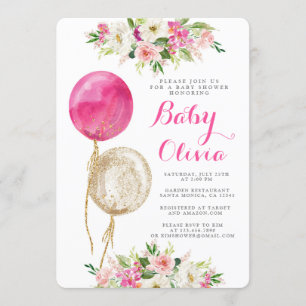 Hot pink balloons baby shower invitation