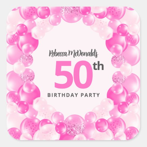 Hot Pink Balloons Faux Glitter 50th Birthday Party Square Sticker