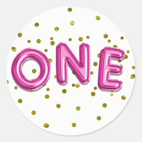 Hot Pink Balloons Gold Dots ONE 1st Birthday Party Classic Round Sticker