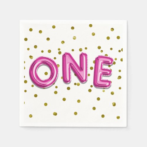 Hot Pink Balloons Gold Dots ONE 1st Birthday Party Napkins