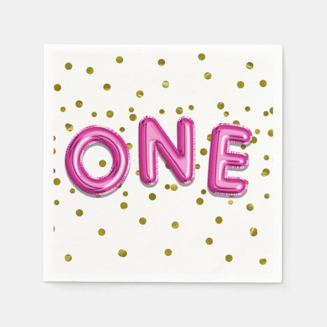 Hot Pink Balloons Gold Dots ONE 1st Birthday Party Napkins (Front)