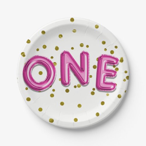 Hot Pink Balloons Gold Dots ONE 1st Birthday Party Paper Plates
