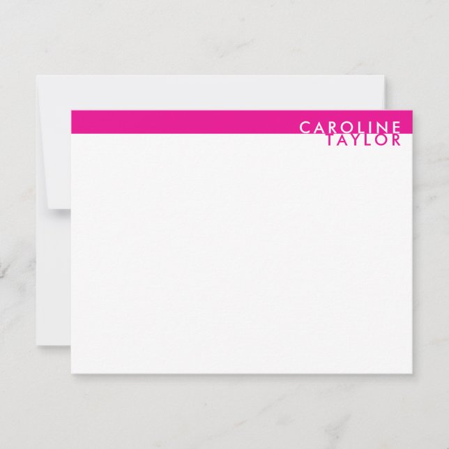 Hot Pink Band Simple Girly Custom Name Note Card (Front)
