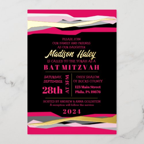 Hot Pink Bar Bat Mitzvah Invitation with Gold Foil Foil Invitation