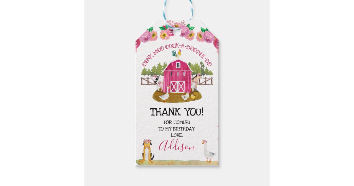 Hot Pink Barn Farm Birthday Thank You Gift Tags | Zazzle