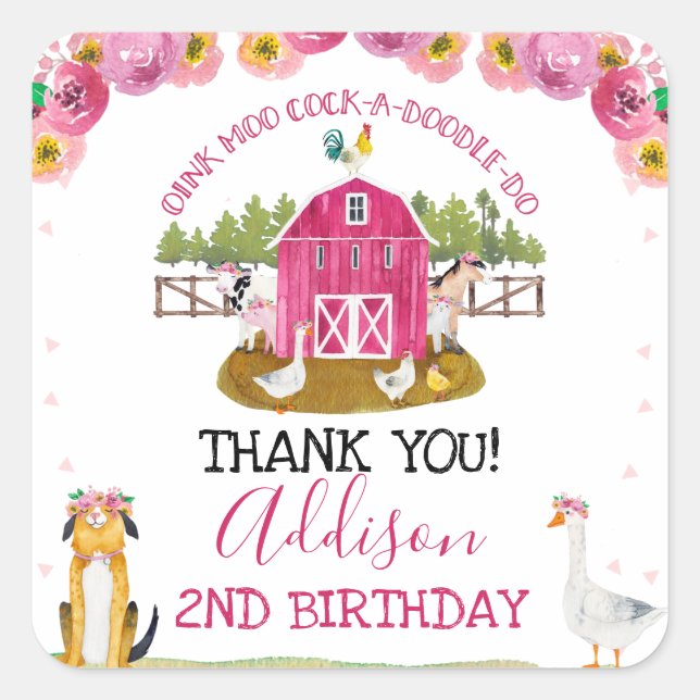 Hot Pink Barn Farm Birthday Thank You Sticker (Front)