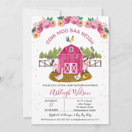 Hot Pink Barn Farm Farmyard Animals Baby Shower Invitation