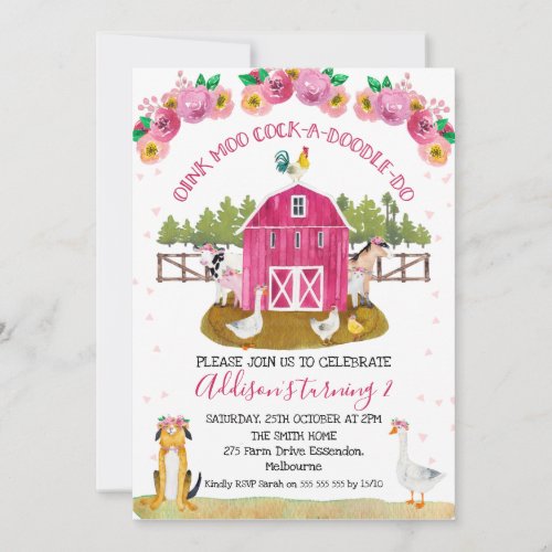 Hot Pink Barn Farm Farmyard Animals Birthday Invitation