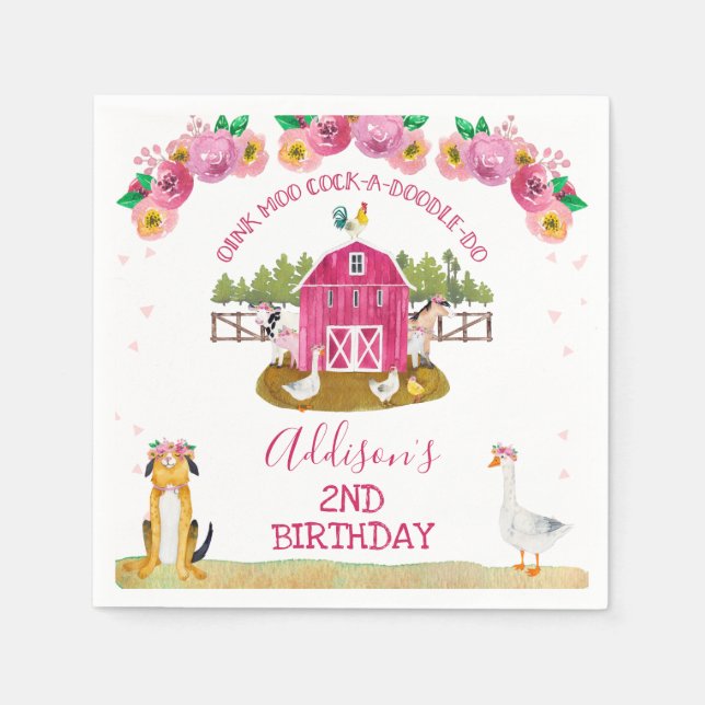 Hot Pink Barn Farm Farmyard Animals Birthday  Napkins (Front)